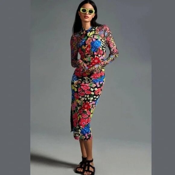 Anthropologie Mesh Halter High Neck Dress Floral Bodycon Midi Colorful Size XXS - Picture 1 of 7